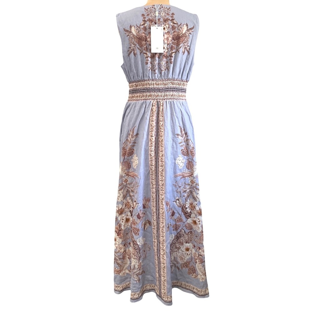 Caroline Constas Grecian Floral Linen Blend Maxi Dress Blue Boho Pokets S NWT - Picture 7 of 15